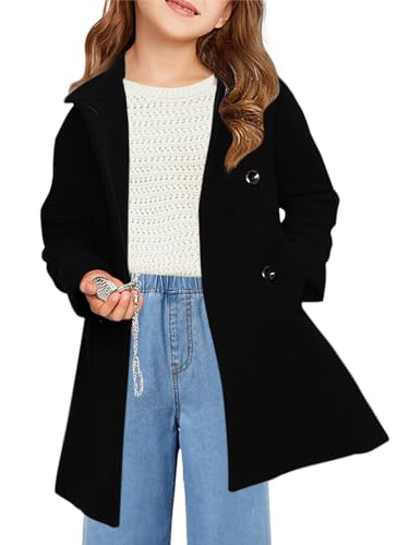 Haloumoning Girls Double Breasted Pea Coat Kids Long Sleeve Notched Lapel Winter Dress Coat With Pockets 5-14 Years