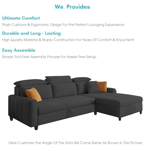 Image of Casaliving Gagnon RHS 4 Seater L Shape Corner Sofa Cum Bed for Living Room (Black Fabric) Premium Fabric Sofa