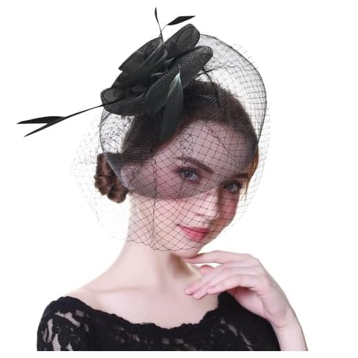 TTPSRY Tocado para Mujer Sombrero Pluma Malla Flor Malla Encaje Clip Sombrero para Fiesta Iglesia Boda Cóctel Jockey Club Fascinator Negro