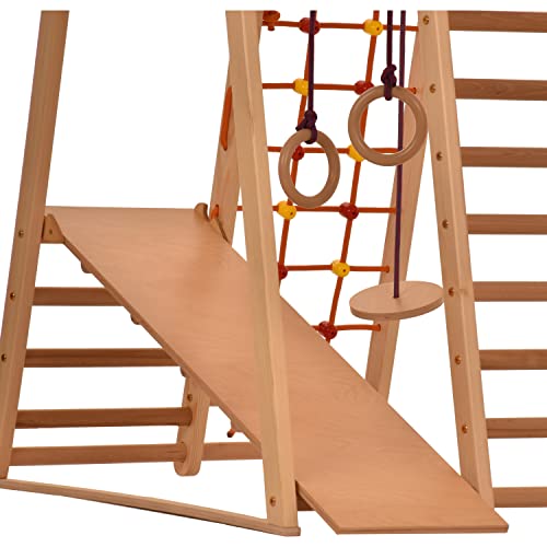 Foto von Kletterdreieck Indoor-Spielplatz aus Holz für Kinder - Kletternetz, schwedische Leiter, Ringe, Rutsche - Ideal für 1 bis 5 Jahre - Trägt