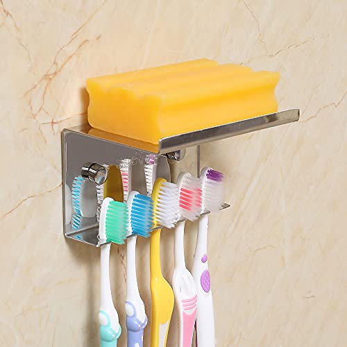 Hodzeed Colle sans Perçage Porte-brosses à Dents Mural avec étagère, 304 en Acier Inoxydable Support de Rangement pour Brosse à Dents pour 5 Brosses à Dents Cover