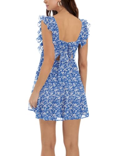 Image of Women's Summer Square Neck Tie Back Ruffle Sleeve Tiered Casual A-Line Short Mini Dress