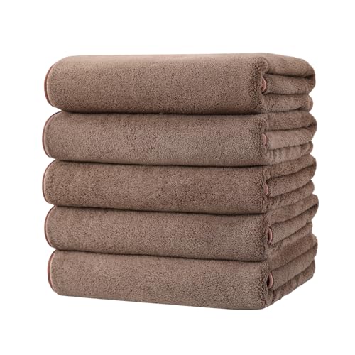 バスタオル マイクロファイバー 大判 5枚セット 吸水 60X120cm ふわふわ 柔らかい肌触り 速乾 耐久性 抗菌防臭 毛羽落ちしない ホテル仕様 お風呂上がり 家庭用 業務用 (ブラウン)
