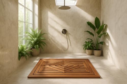 Designer Teak Shower Mat Large 31.5 X 19.5 Naturally Water-Resistant with Teak Oil Finish for Bathroom, Bath, Pool, Spa, Boat, Sauna, Patio, RV, Front Door from Our Diamond Collection