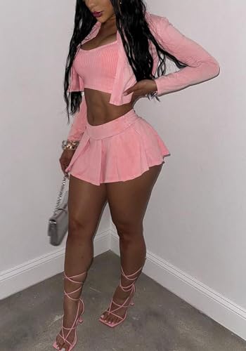 Lucuna Women's Suit 3 Piece Outfits Sexy Crop Jacket Bandeau Top and Mini Skirt Streetwear3