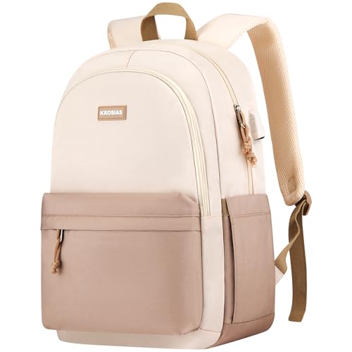 School Backpack for Teens Girls, Cute Student Bookbag Large 15.6 Inch Laptop Bag Aesthetic College Backpacks for Women High School Travel (Khaki Beige)