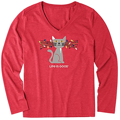 Life is Good Lit Up Cat Long Sleeve Crusher Vee Positive Red LG (US 12-14)