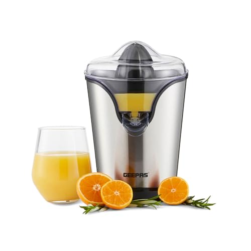 Geepas 100W Citrus Juicer Electric Orange Juicer | Professional Brushed Stainless Steel Fruit Juicer | Squeezes Oranges Lemons Lime Juices | Freshly Pressed Fruit Juices in Seconds - 2 Year Warranty