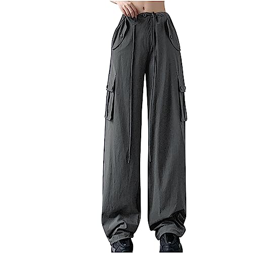 XUNRYAN Cargo Pants Girls Juniors Pants Low Waist Baggy Parachute Pants Wide Leg Utility Pants Streetwear Hippie Clothes Gray