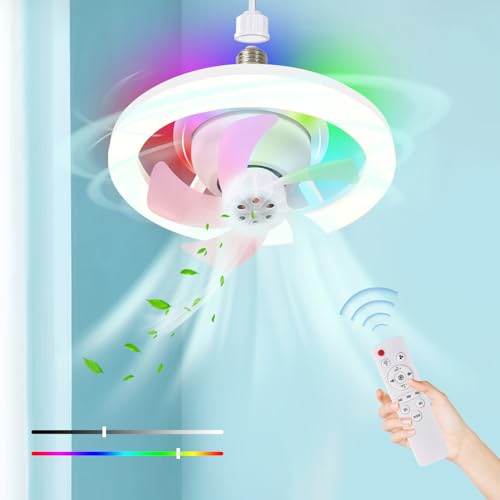 JIUYONG Rotatable Ceiling Fans with Lights, 10" Dimmable RGB Socket Fan Light with Remote Control, 3 Speed Ceiling Fans with LED Lights for Bedroom Kids Room Party