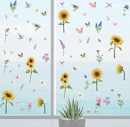 Flower Window Clings for Glass Windows - Stickers Vinyl Window Decals for Bird Strikes Large Size Rose Floral Window Clings for Home Office Bedroom Party (Sunflower)