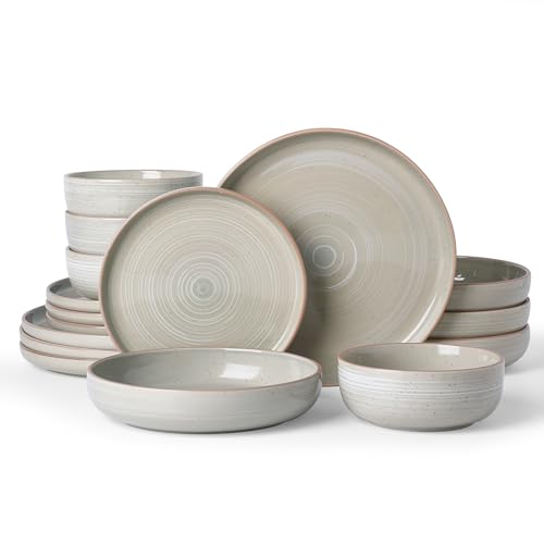 Image of Famiware Meteor Stoneware Dinnerware Sets with Pasta Bowls, Service for 4 (16 Pieces), Plates and Bowls Sets, Microwave and Dishwasher Safe Dishes Set, Matcha Green