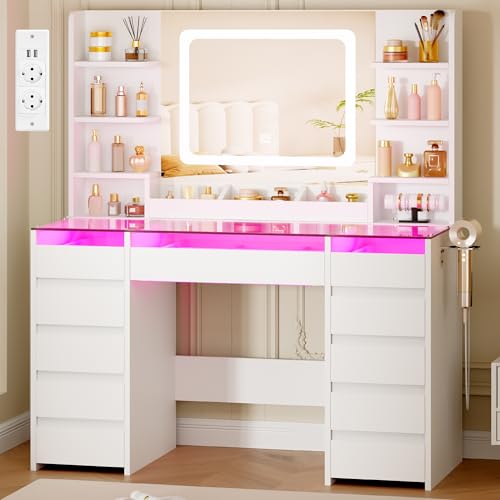 BEWISHOME Coiffeuse avec Miroir LED et Éclairage RGB, Coiffeuse avec Plateau en Verre, 11 tiroirs RGB, 6 Étagères, Table de Maquillage avec Pris, Grande Coiffeuse Moderne pour Chambre, Blanc EFST57W