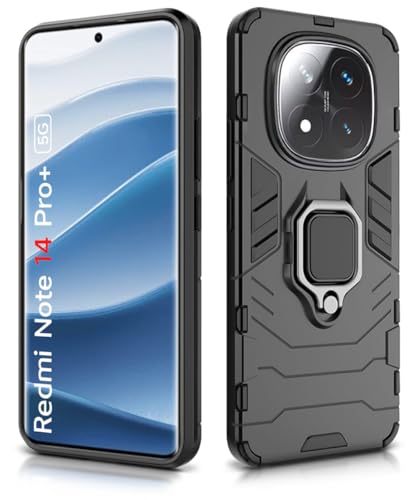 Image of WOW IMAGINE Shock Proof Back Case Mobile Cover for Redmi Note 14 Pro Plus 5G | Back Cover Case (Tough Armor | Hybrid PC + TPU | Ring Holder & in-Built Kickstand | Black)