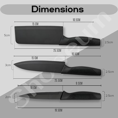 Image of Stainless Steel Kitchen Knife Set 3-Piece with Protective Covers | Sharp Non-Stick Chef, Utility & Paring Knives | Ergonomic Non-Slip Handle for Vegetable, Fruit & Meat Cutting | Black