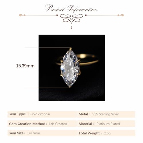 Marquise Engagement Ring for Women, 9ct 18K Gold Plated Solitaire Promise Ring with Cubic Zirconia in Sterling Silver2