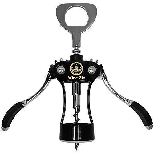 Wine Ziz Large Black Wing Corkscrew Bottle Opener with Foil Cutter Sturdy Metal Cork Screw Built-In Beer Cap Opener Accessories | Best Housewarming Kitchen Gift for Women and Men