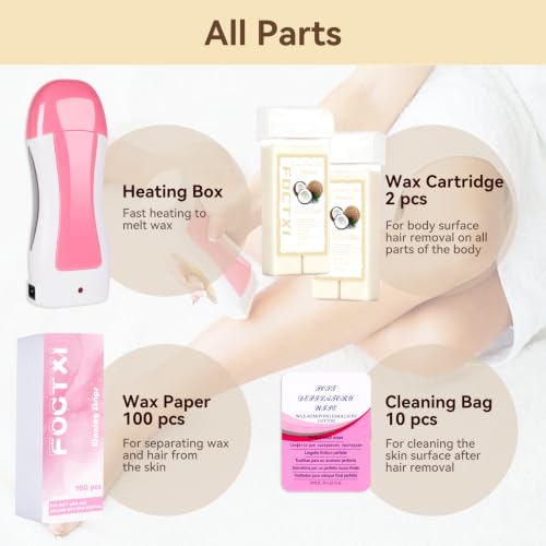 Image of Roll On Waxing Kit for Sensitive Skin - Hair Removal with 2 Coconut Soft Wax Cartridges and 100 Non-Woven Wax Strips, 10 Wipes