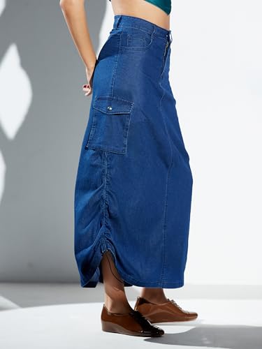 Image of Miss Chase Women's Regular High Rise Above Knee Stretchable Denim Skirt