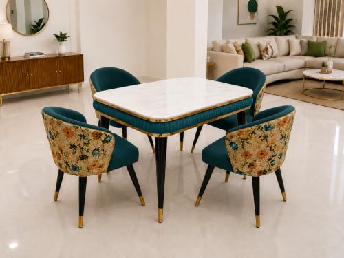 Image of WOODEN SPACE Majestic 4 Seater Wooden Dining Table Set | Urban Marble Top Dining Table with Chairs for Dining Room & Kitchen (Modern Classic Printed Sea Blue) (54 x 36 x 30 inch)