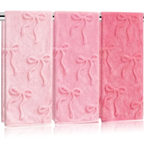 Whaline 3Pcs Pink Bow Hand Towel 3D Jacquard Cotton Towel Absorbent Coquette Dish Towels for Valentines Day Home Kitchen Bathroom 13.8 x 29.5 Inch