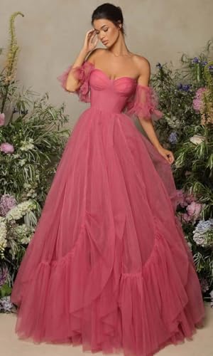 SoDigne Off Shoulder Long Prom Dresses Tulle Ruffle Sleeve Puffy Formal Evening Party Ball Gowns with Pockets2
