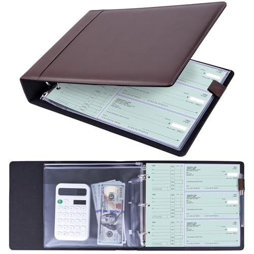 Antner 3 Ring Personal Check Binder for 3-on-a-Page End-Stub Deskbook & Personal 3 Holes or 9 Holes Small Size Checks, PU Leather Check Holder Checkbook Binder Cover with Zipper Pouch, Coffee