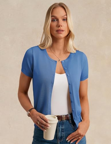 Image of GRACE KARIN Women Short Sleeve Cardigan, 2026 Summer Knitted Sweater Tops, Basic Crew Neck Crop Outfits