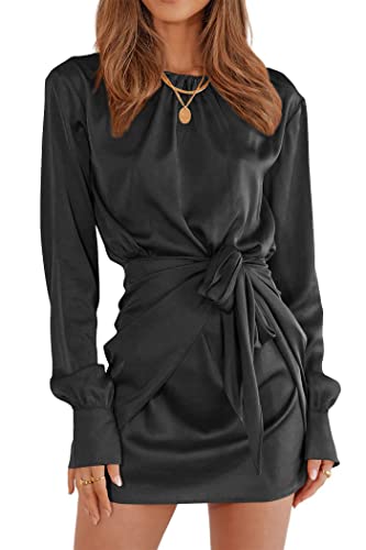 Image of PRETTYGARDEN Women's 2023 Spring Satin Dress Long Sleeve Tie Waist Elegant Cocktail Party Mini Dresses