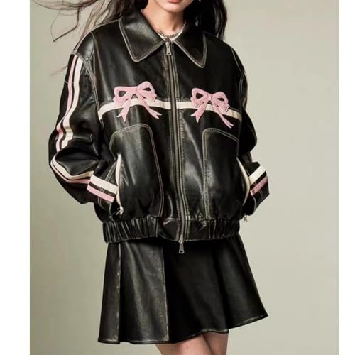PU Pink Leather Jacket Zipper Polo-Neck Fashion Women Sweet Coat Spring Vintage Street Bomber Motorcycle Jacket(Black pink,Large)4