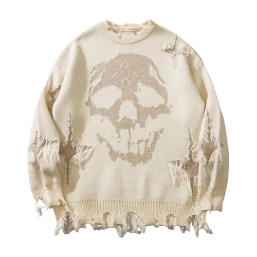 Men's Spring & Fall Skull Print Ripped Drop Shoulder Sweater, Casual Loose Comfy Long Sleeve Round Neck Pullover Knitwear