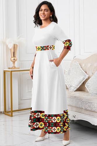 FANDEE Casual Maxi Dresses for Women Elegant 3/4 Sleeve Round Neck Africa Print Church Dress with Pocket3
