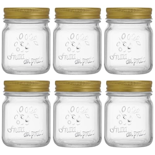 yeeplant Tarros de vidrio sin plomo, 6 unidades, recipientes de almacenamiento de cocina de 150 ml, tapas doradas, conservas transparentes para conservas decorativas