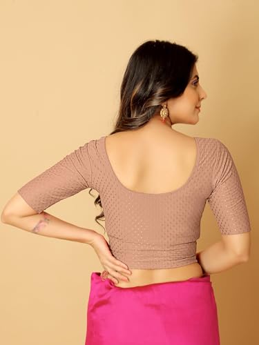 Image of Amazon Brand - Anarva Round Neck Dobby Cotton Lycra Stretchable Elbow Half Sleeve Readymade Saree Blouse for Women Stylish