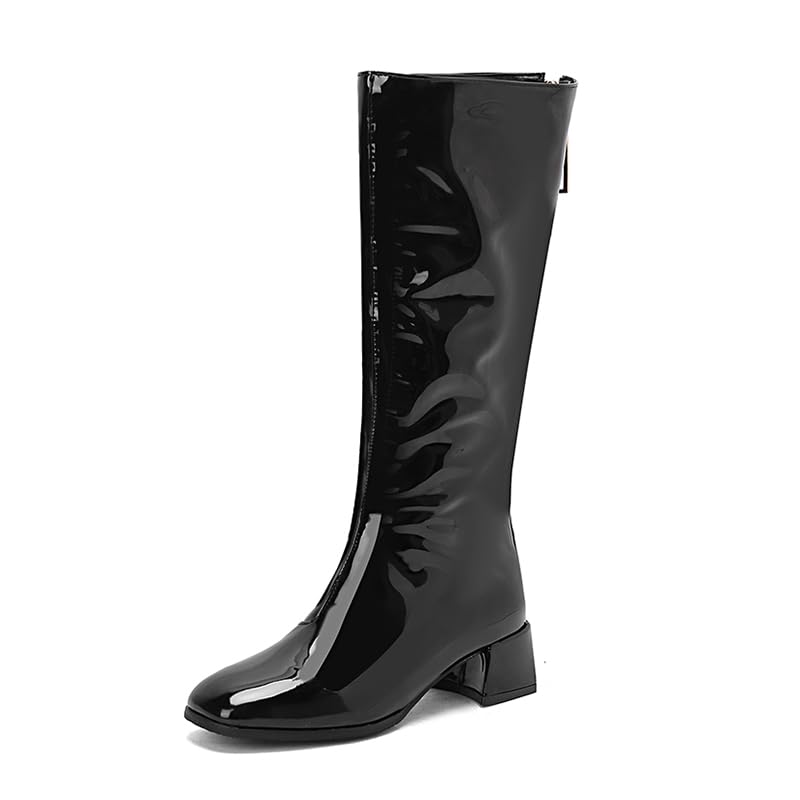 Knee High Boots Women Gogo Boots Block Metal Heel Square Toe Side Zipper Soft PU Leather Classic Fashion