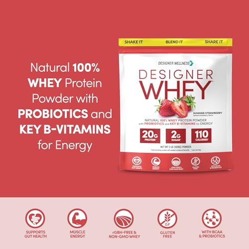 Image of Designer Wellness, Designer Whey, Natural Whey Protein Powder with Probiotics, Fiber, and Key B-Vitamins for Energy, Gluten-Free, Summer Strawberry, 2 lb