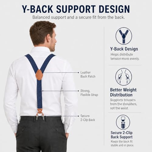 Image of Men's Heavy Duty Y-Back Suspenders, 6 Strong Metal Clips Adjustable Elastic Straps for Work, Tuxedos, and Daily Wear