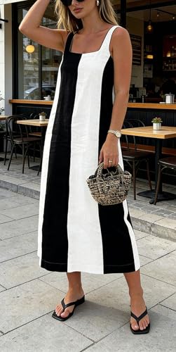 Image of CHARTOU Women Summer Sleeveless Linen Dress Contrast Color Maxi Long Beach Vacation Tank Dress