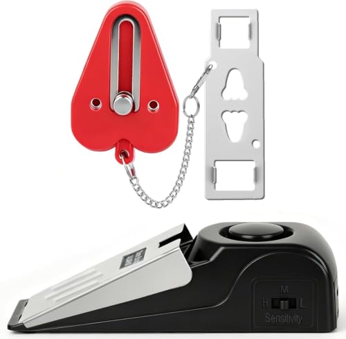 Portable Door Lock & Door Stop Alarm Set Dual Protection Home Security Door Kit Travel Hotel Lock Devices Pocket Self Defensey Tools for Traveling Hotel Home Apartment (Red)