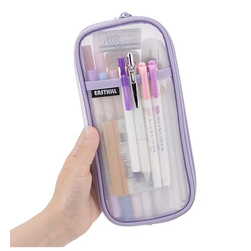 EASTHILL Grid Mesh Pen Pencil Case with Zipper Clear Makeup Color Pouch Cosmetics Bag Multi-Purpose Travel School Teen Girls Transparent Stationary Bag Office Organizer Box for Adluts(Purple)