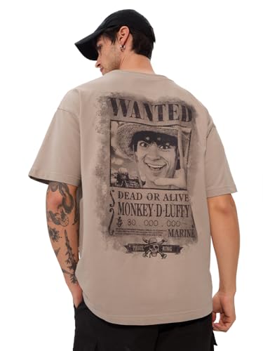 Image of The Souled Store One Piece: Most Wanted Men and Boys Short Sleeves Round Neck Grey Graphic Printed Cotton Oversized T-Shirts