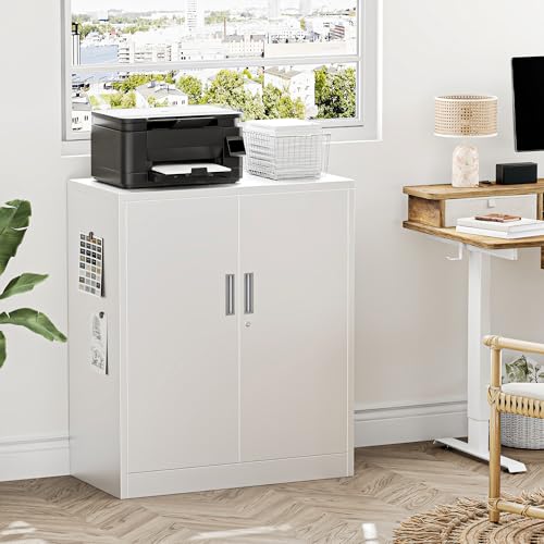 Metal Garage Storage Cabinets,36" Steel File Cabinet with 2 Adjustable Shelves, Lockable Storage Cabinets for Office, Home, Garage, Warehouse 36.2" H x 31.5" W x 15.7" D (White)