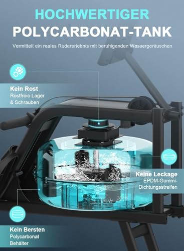 Neezee-Rudergeraet-fuer-zuhause-Rudergeraet-Wasser-mit-Professioneller-Bluetooth-Monitor-und-Tablet-Halterung-Max-150kg-Belastbar-Vertikale-Lagerung-Transportraeder-fuer-Einfache-Bewegung