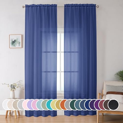 Image of OWENIE Blue Sheer Curtains 96 Inch Long 2 Panels Set, Light Filtering Rod Pocket Soft Clear Sheer Curtain for Bedroom /Living Room, 2Pcs, Each 42 inch W x 96 inch L, Royal Blue