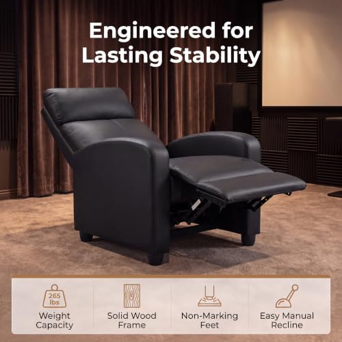 Image of Leather Recliner Chair, Manual Single Reclining Couch with Adjustable Backrest & Footrest, Ergonomic Oversized Recliner Sofa for Home Theater Seating, Living Room, Bedroom, Black