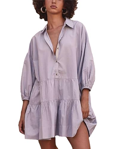 Image of Mingzhu Womens Summer Tiered Puff Sleeve Shirtdress Flowy A-line Babydoll Mini Dress