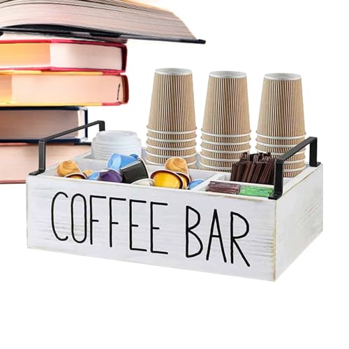 Coffee Station - Storage Box with Wooden Dividers, Coffee Bar Organizer | Coffee Bar Spice Holder, White Coffee Station, Box Pod Holder for Mugs, Coffee Pods, Sugar (32 x 23 x 9.94 inches)