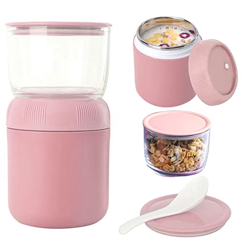 ADLOASHLOU Taza de cereales para llevar a cabo 430 ml + 330 ml taza de yogur a prueba de fugas, 2 en 1, con cuchara para comidas frescas, para niños, aperitivo para viajes, color rosa Cover