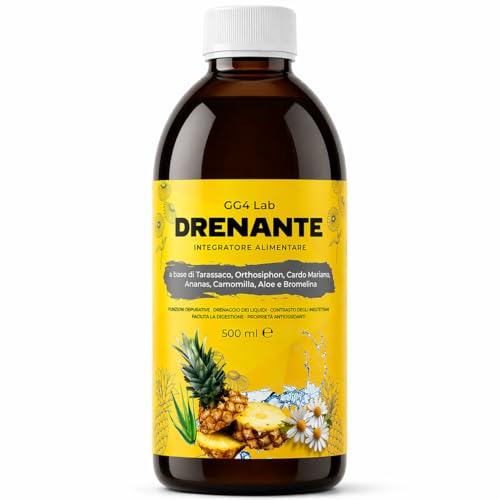 GG4Lab Drenante Forte Dimagrante Liquido 500ml | Bromelina dell'Ananas Tarassaco Orthosiphon Centella Cardo Mariano | Drenaggio Liquidi Linfatico Gambe Sgonfie Pancia Piatta | 25 Dosi Made in Italy