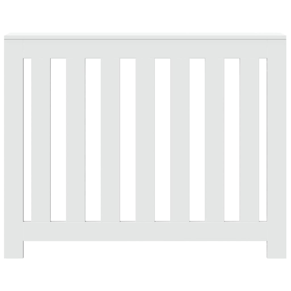 Okładzina grzejnika biała z materiału drewnopochodnego 104 x 20 x 82 cm z listewkami, praktyczna półka do salonu, montaż z uchwytem, łatwa w utrzymaniu i stabilna